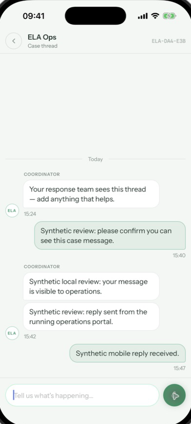 Case chat: ELA Ops · Case thread, composer: Tell us what's happening…