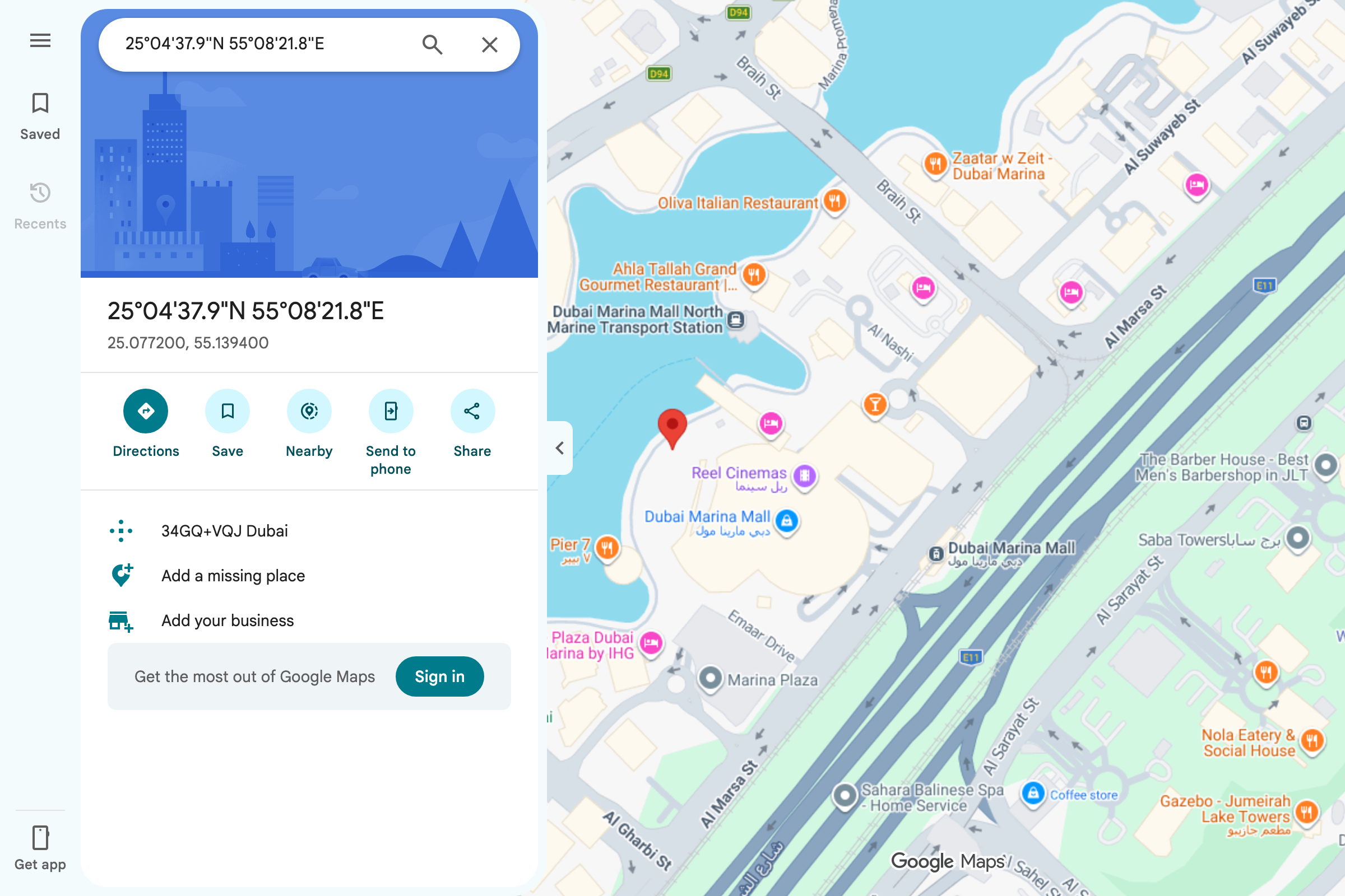 Real Google Maps view of Dubai Marina with the pin the family's private link opens