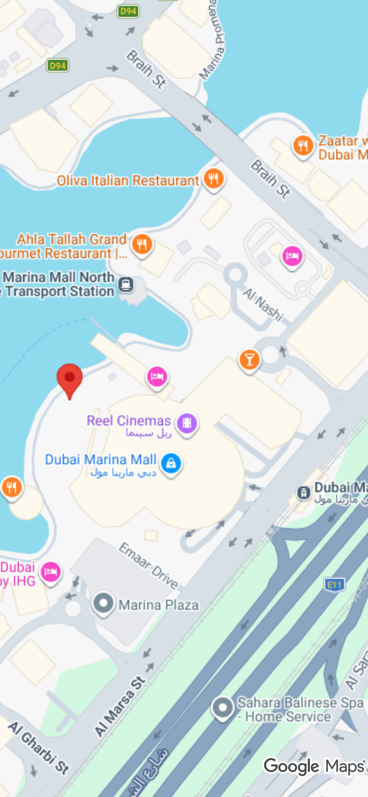 The trusted contact's phone: the live location pin on Google Maps, Dubai Marina
