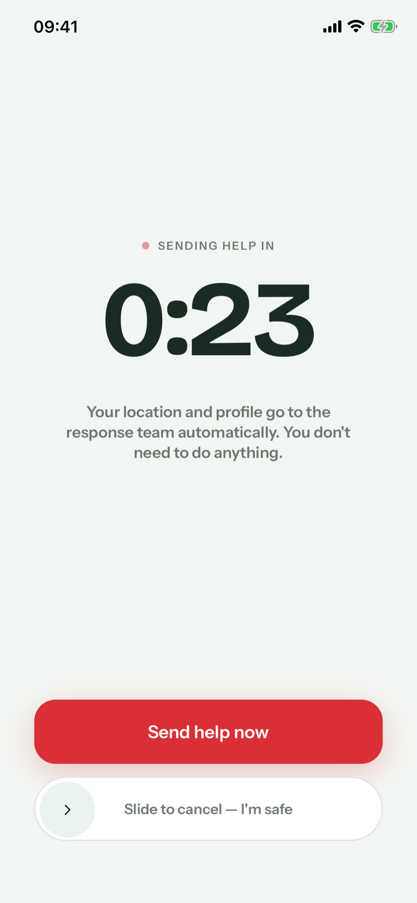 Pre-dispatch countdown: Sending help in 0:23, Send help now, Slide to cancel — I'm safe