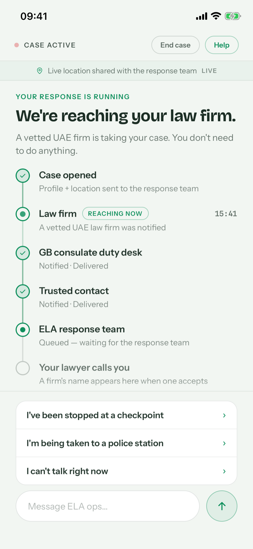 Active case, the instant of the send: Case opened