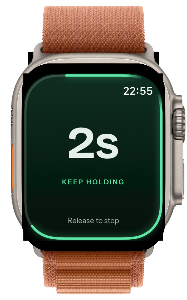 Apple Watch on the light canvas: 2s, keep holding, release to stop